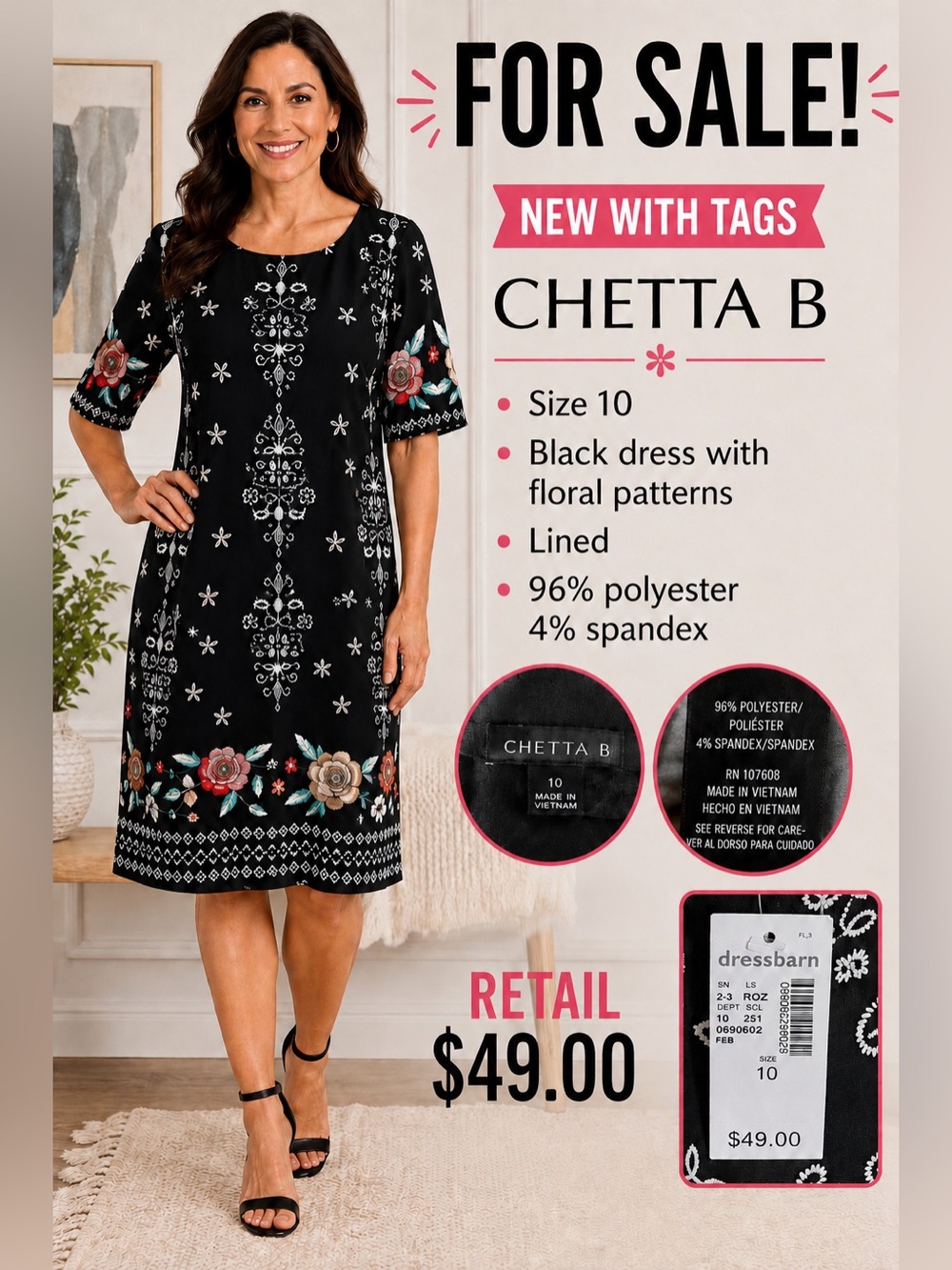 NEW WITH TAGS CHETTA B Black Dress with Floral Embroidery Size 10